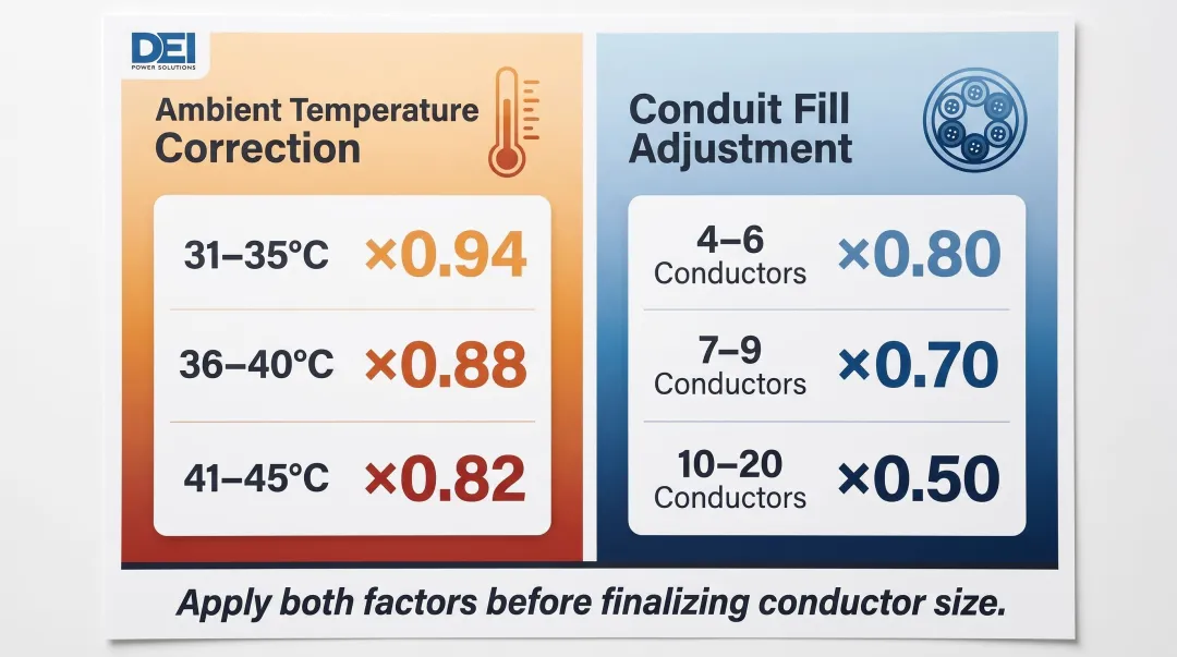 NEC wire ampacity derating factors for temperature and conduit fill comparison chart