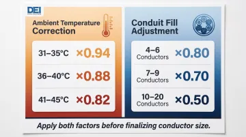 NEC wire ampacity derating factors for temperature and conduit fill comparison chart