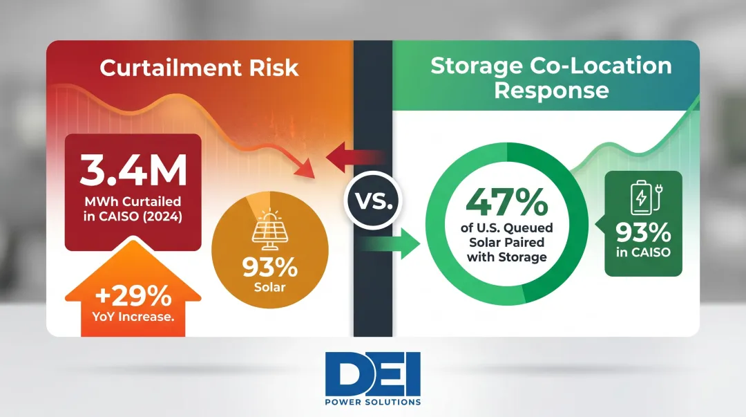Solar curtailment risk versus battery storage co-location adoption rates comparison infographic