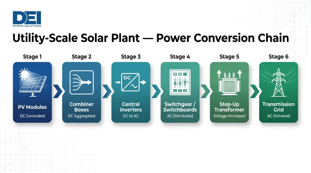 6-stage utility-scale solar power conversion chain from panels to grid