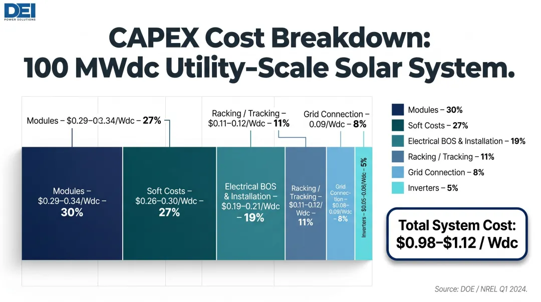 100 MWdc utility-scale solar project CAPEX cost breakdown by component percentage