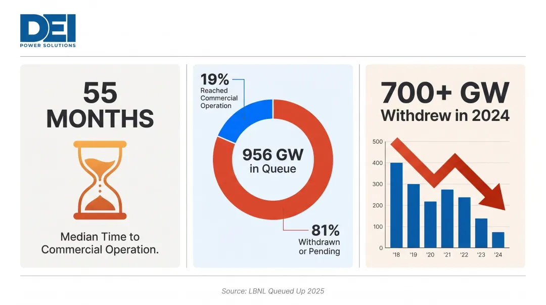 Utility-scale solar interconnection queue delays and withdrawal statistics infographic