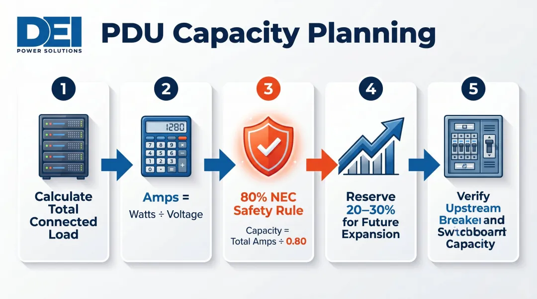 Five-step data center PDU capacity planning checklist process flow infographic