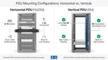 Horizontal versus vertical PDU rack mounting form factor comparison infographic