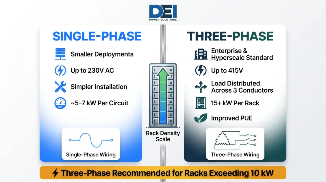 Single-phase versus three-phase power comparison for data center rack PDUs