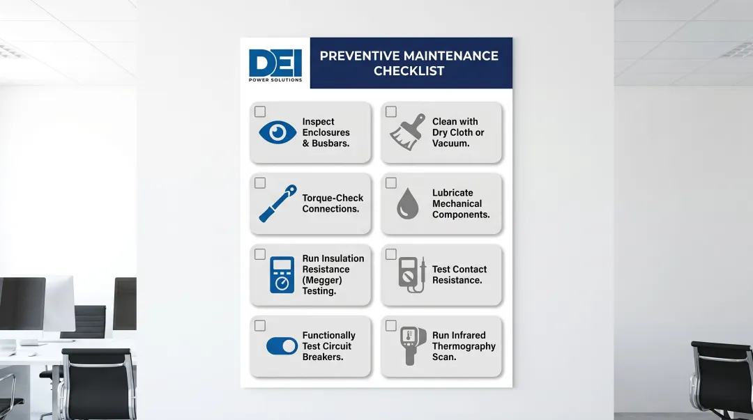 8-step preventive LV switchgear maintenance checklist process flow infographic