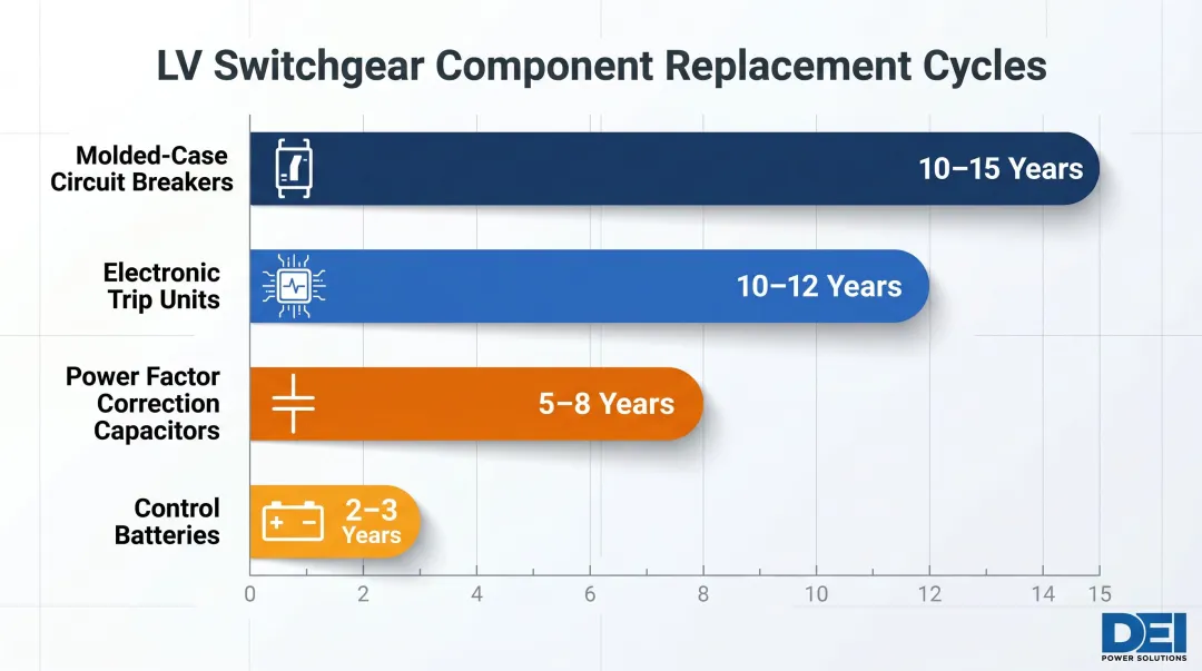 LV switchgear component replacement cycles lifespan comparison chart infographic