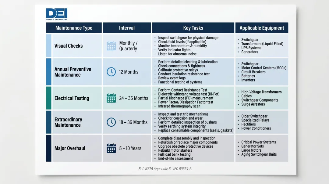 LV switchgear maintenance schedule five-tier interval framework aligned with NETA IEC standards