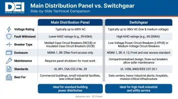Main distribution panel versus switchgear side-by-side technical comparison infographic