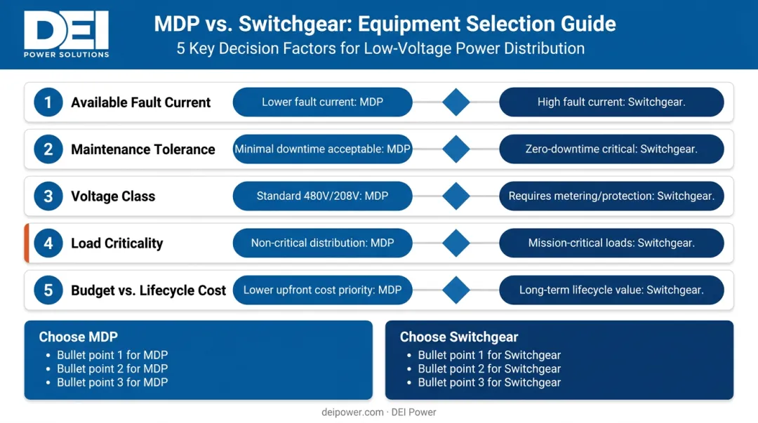 Five-factor decision framework for choosing between MDP and switchgear equipment