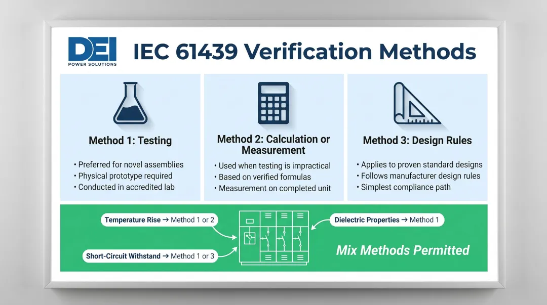 IEC 61439 three verification methods testing calculation and design rules comparison