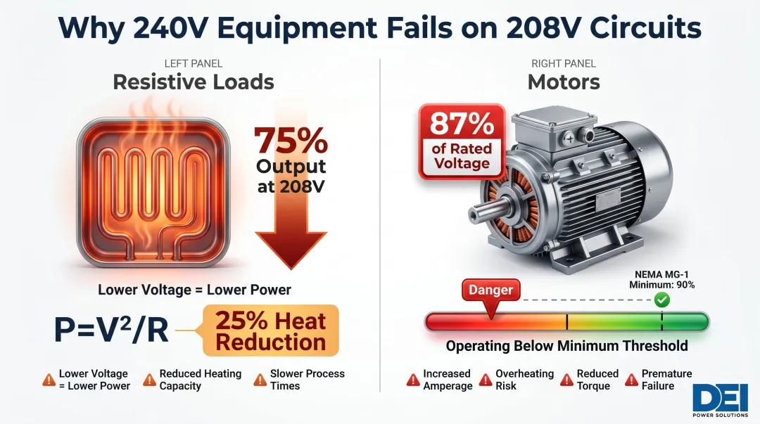 208V versus 240V voltage compatibility impact on resistive loads and motors comparison chart