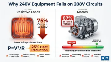 208V versus 240V voltage compatibility impact on resistive loads and motors comparison chart