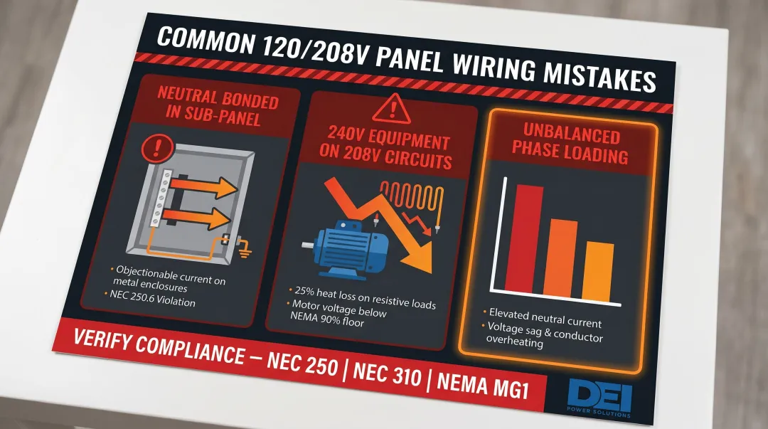 Three most common 120/208V panel wiring mistakes causes and consequences summary infographic