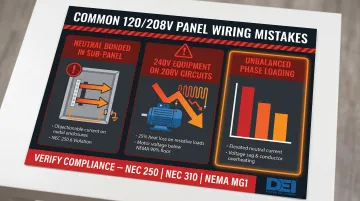 Three most common 120/208V panel wiring mistakes causes and consequences summary infographic
