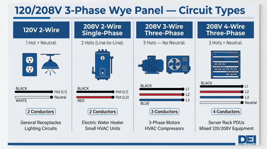Four 120/208V wye circuit types comparison with conductor configurations and load examples