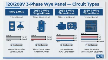 Four 120/208V wye circuit types comparison with conductor configurations and load examples