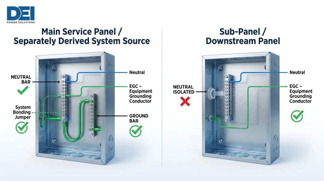 Main service panel versus sub-panel neutral bonding configuration diagram comparison