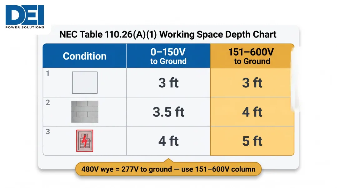 NEC 110.26 working space depth requirements table three conditions two voltage tiers