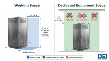Working space versus dedicated equipment space NEC 110.26 side-by-side comparison diagram