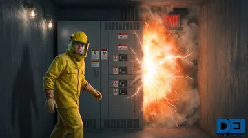 Electrical worker trapped near energized switchboard during arc flash event in electrical room