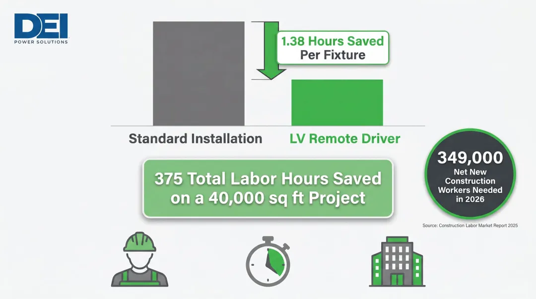 Low-voltage installation labor savings comparison showing hours reduced per project infographic