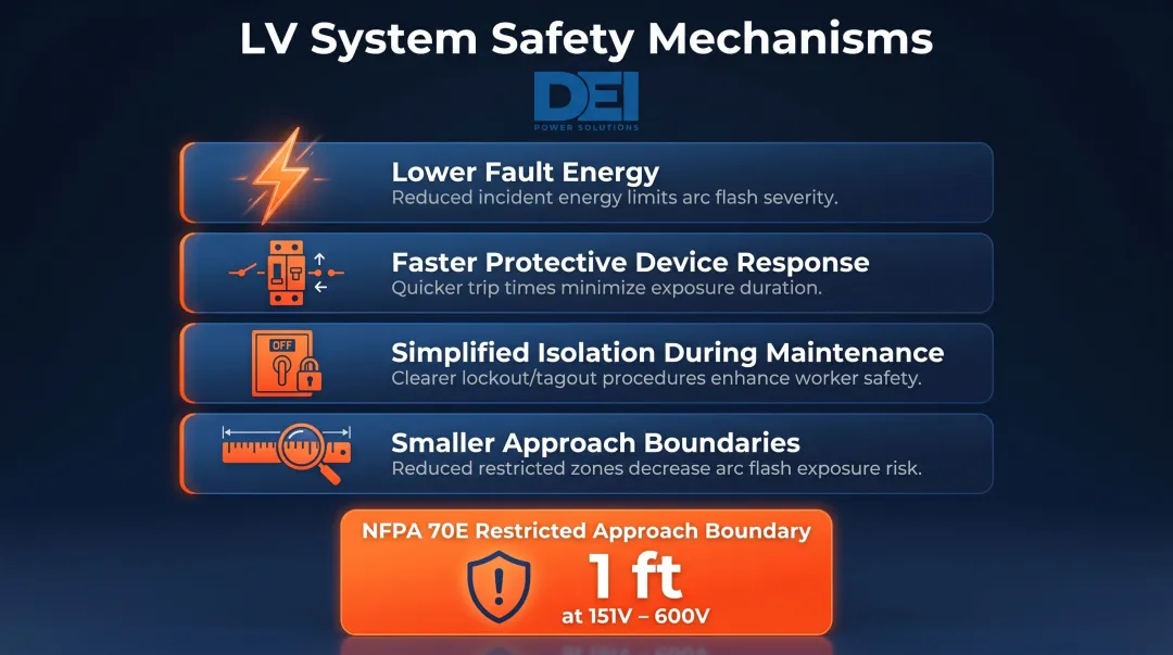 Low-voltage safety mechanisms reducing arc flash and electrical hazard risk infographic