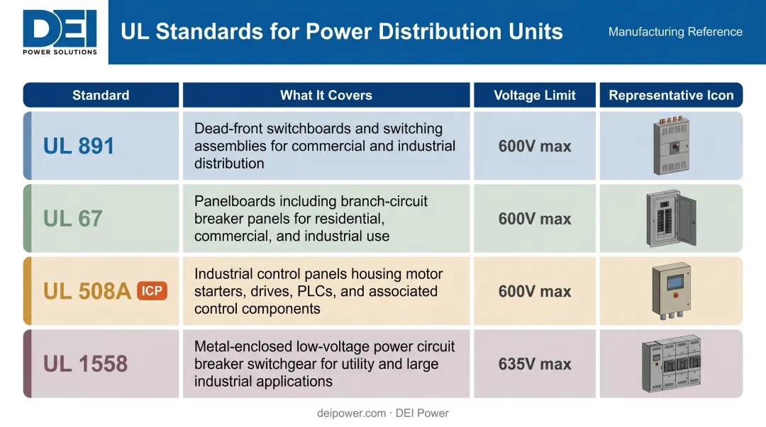 Four UL standards comparison table for manufacturing power distribution equipment