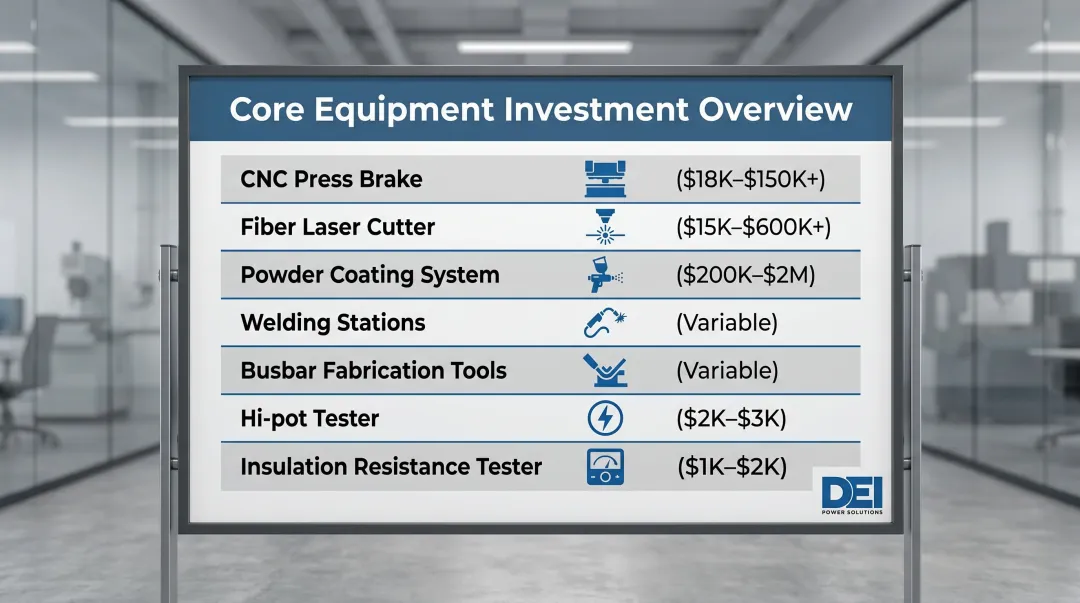 Switchgear manufacturing core equipment categories and approximate startup cost ranges