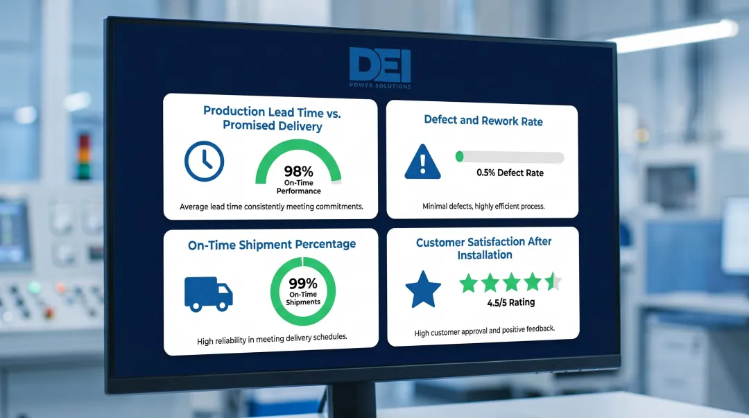 Four key switchgear manufacturing operational health metrics tracking dashboard infographic