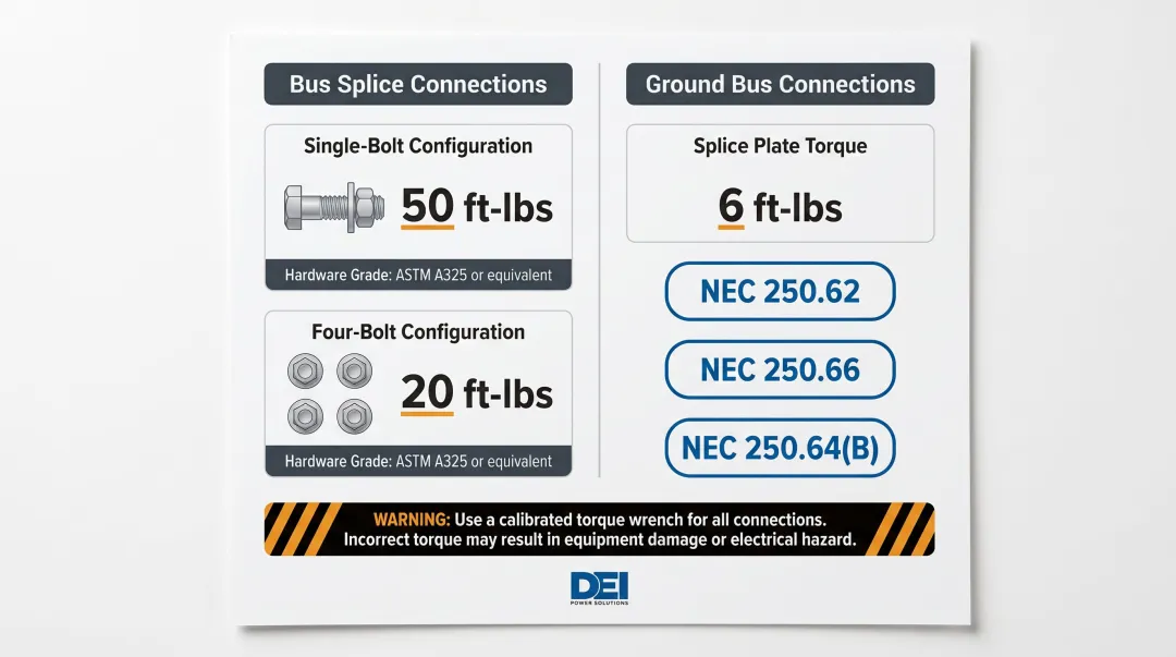 Bus splice torque specifications and grounding connection requirements comparison chart