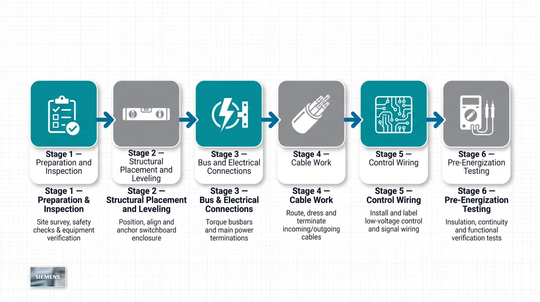 Six-stage Siemens switchboard installation sequence process flow diagram