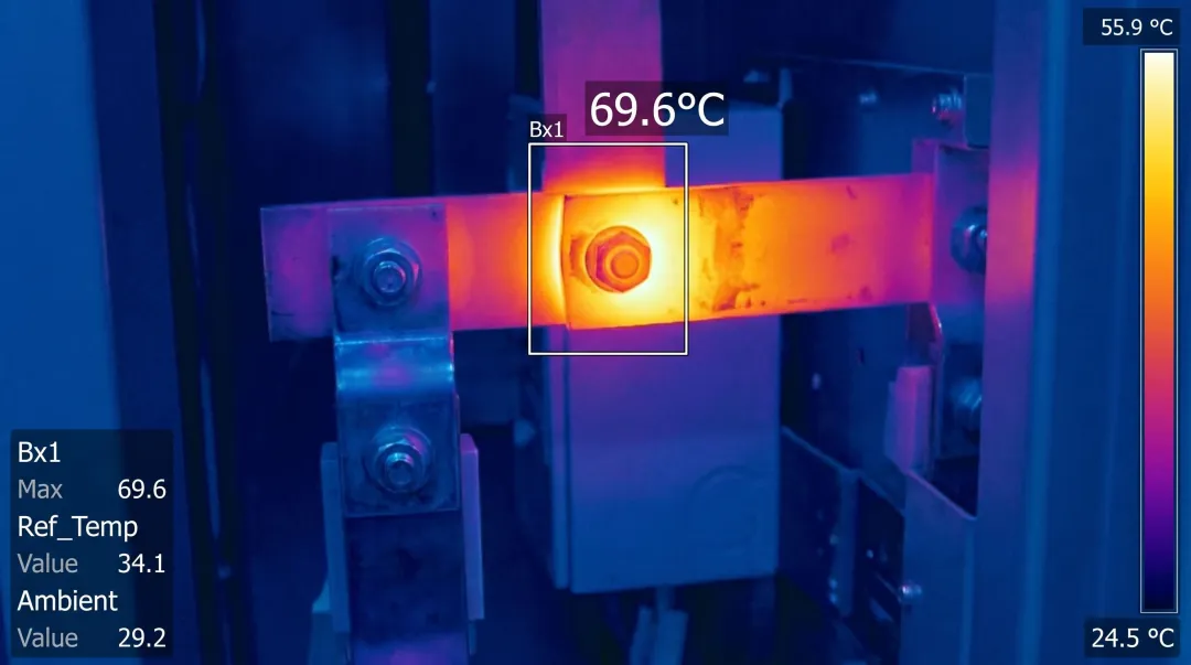 Thermal imaging of electrical bus bar connection showing heat buildup from loose joint