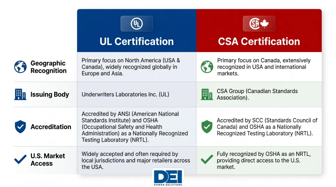 UL versus CSA certification side-by-side comparison table for electrical equipment