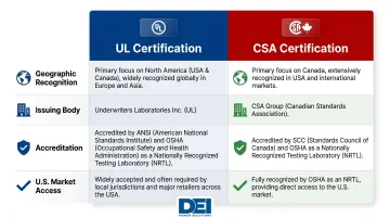 UL versus CSA certification side-by-side comparison table for electrical equipment