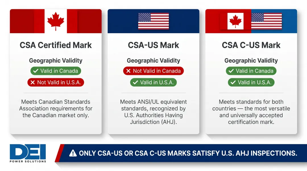 Three CSA certification marks comparison showing geographic validity and applicable standards