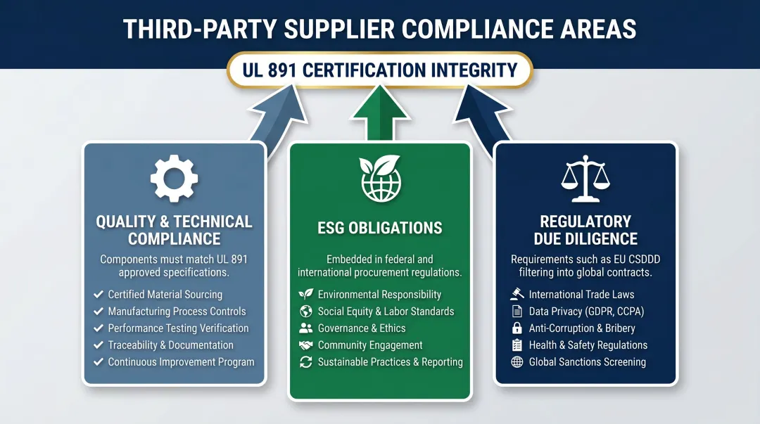 Three supplier compliance obligation areas quality ESG regulatory due diligence breakdown