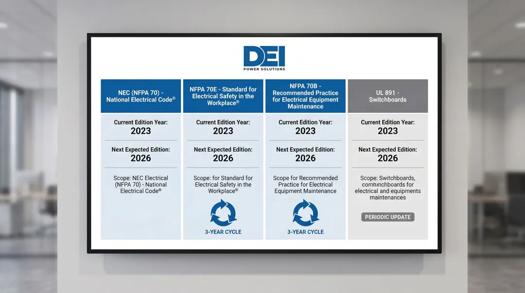 Electrical safety standards update cycles NEC NFPA 70E NFPA 70B UL 891 comparison