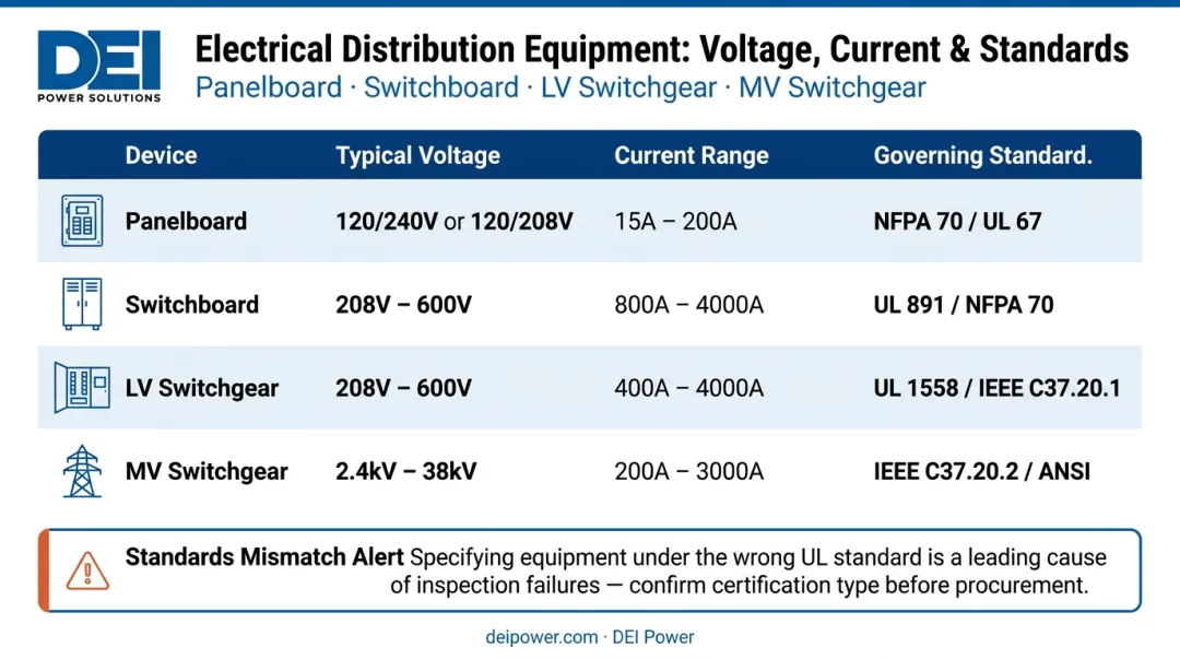 Panelboard switchboard and switchgear voltage current and UL standards comparison chart