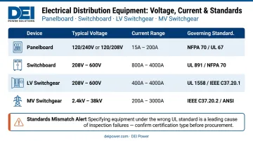 Panelboard switchboard and switchgear voltage current and UL standards comparison chart