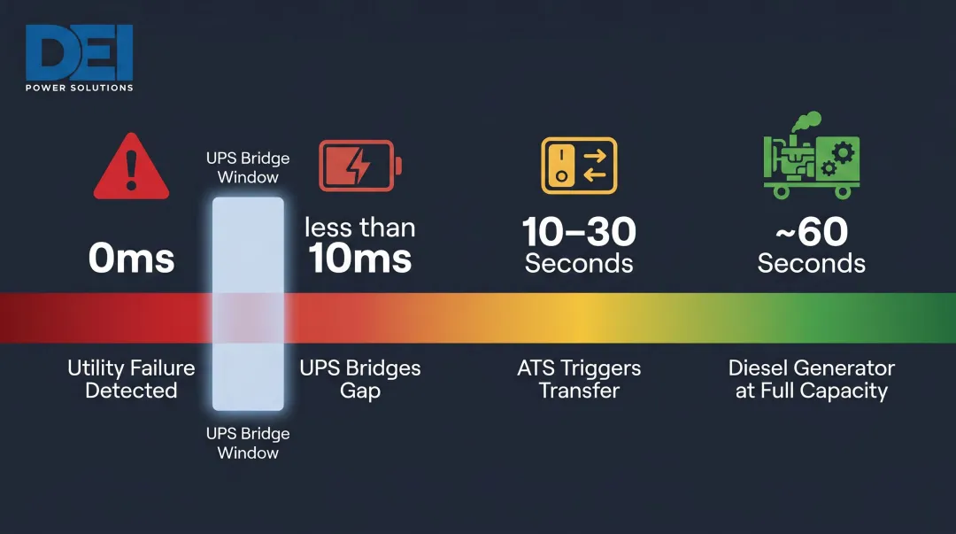 ATS failover timeline showing utility loss to generator full capacity response sequence