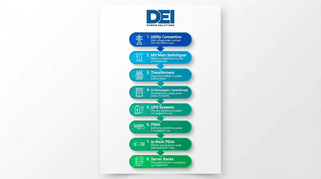 8-step data center power chain flow from utility connection to server racks
