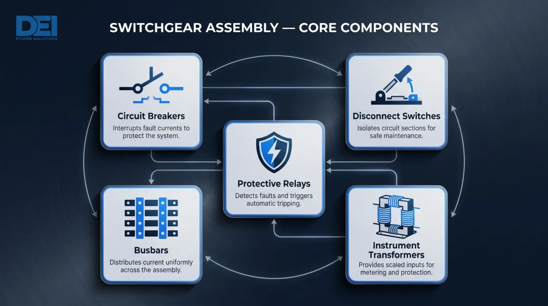 Five core switchgear internal components with functions and specifications breakdown