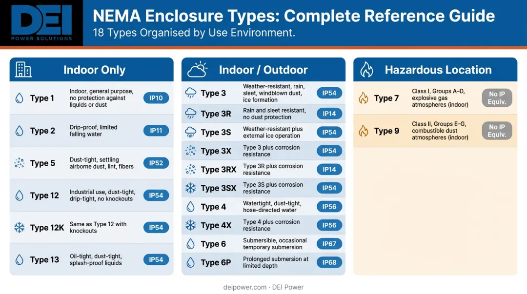 Complete NEMA enclosure types comparison chart with IP equivalents and use classifications