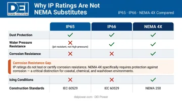 NEMA 4X versus IP65 and IP66 protection criteria gap comparison infographic