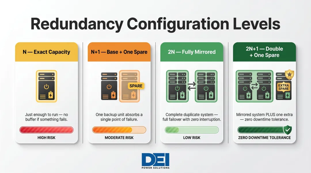 Data center redundancy levels N N+1 2N and 2N+1 configuration comparison chart