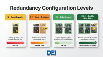 Data center redundancy levels N N+1 2N and 2N+1 configuration comparison chart