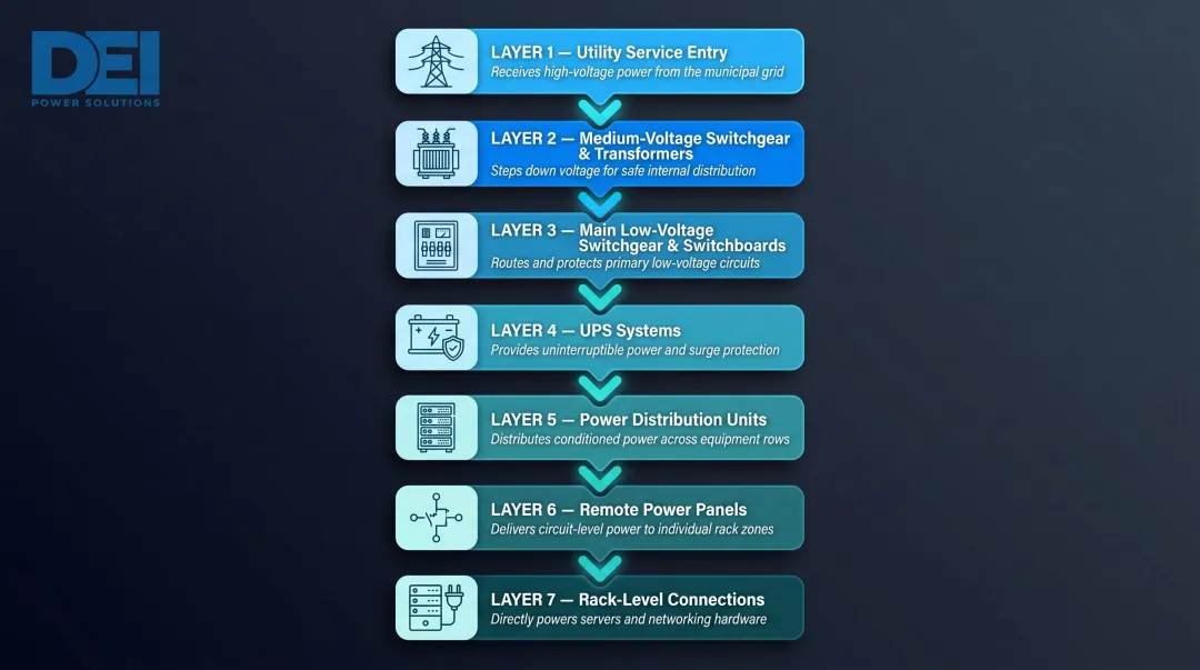 7-layer data center power distribution hierarchy from utility to rack