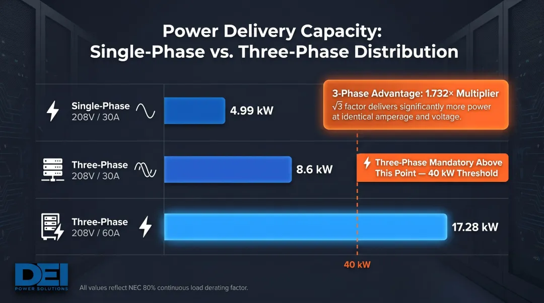 Three-phase versus single-phase power capacity comparison for high-density data center racks