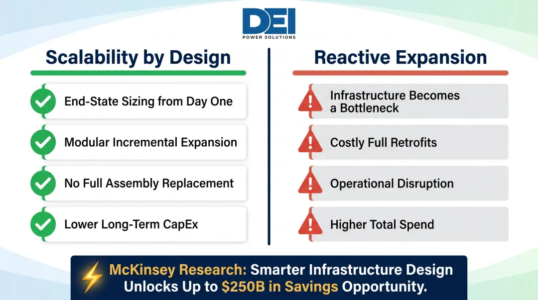 Scalability by design versus reactive expansion cost comparison infographic for data centers